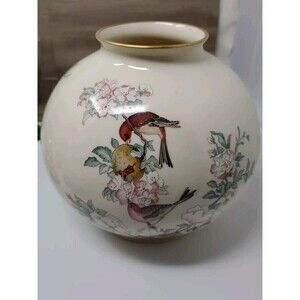 Lenox Serenade Large Ivory Round Globe Vase Birds and Flowers Gold Trim 7” Tall